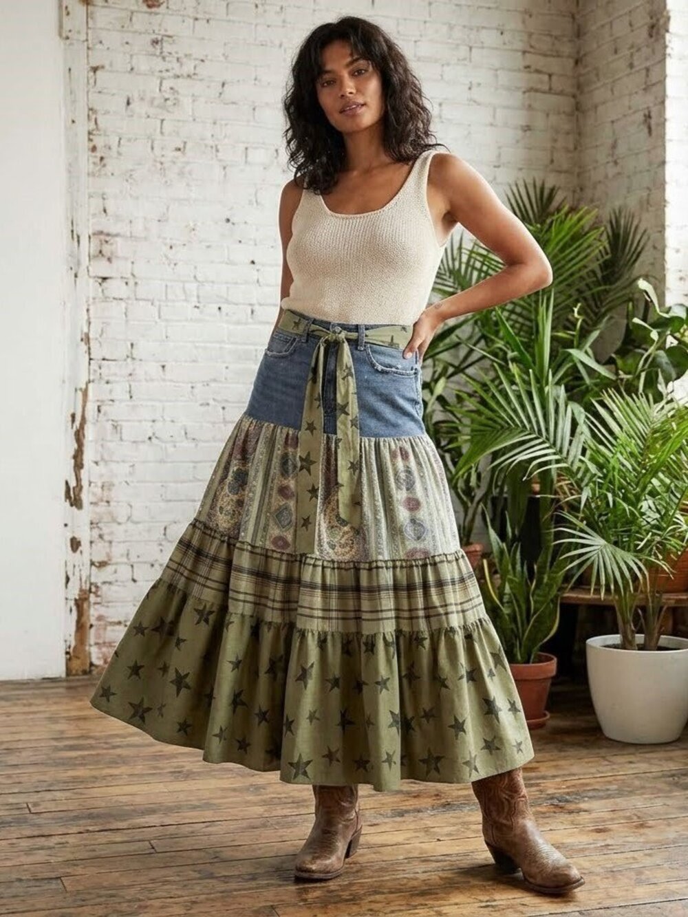 Upcycled OOAK Sz W34 (14/16) Levis Blue Denim Ruffle Skirt Olive Plaid Tiered